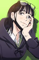 1girl artist_name black-framed_eyewear black_hair black_hoodie closed_mouth collared_shirt commentary_request ear_piercing earrings eyewear_on_head glasses green_background green_sweater grey_eyes hand_on_own_face hood hood_down hoodie jewelry kininatteru_hito_ga_otoko_ja_nakatta koga_mitsuki looking_at_viewer mask mask_pull mole mole_under_eye mouth_mask piercing shadow shirt short_hair shouri_(mirrorshards) smile solo sweater tied_hoodie_strings waveform white_shirt wrist_tattoo