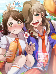 1boy 1girl :t arven_(pokemon) blue_vest blurry blush bright_pupils brown_eyes brown_hair bunny_ears_prank closed_mouth collared_shirt commentary_request day eating eyelashes food food_on_face holding holding_food juliana_(pokemon) knees necktie nintendo orange_necktie orange_shorts outdoors pokemon pokemon_sv sandwich school_uniform shirt shorts socks spoken_character sweat tsunj vest watermark white_pupils white_shirt white_socks