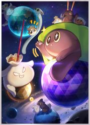 +_+ animal_focus asteroid border creature critter_pick_(honkai:_star_rail) eye_beam gray_bean_paste_(honkai:_star_rail) grin highres honkai:_star_rail honkai_(series) molten_cheese_tart_(honkai:_star_rail) no_humans notice_lines official_art open_mouth pawpads planet smile space sparkle third-party_source tongue tongue_out white_border