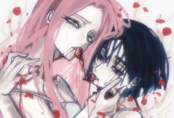 2girls alien_stage black_hair blood chinese_commentary commentary_request earrings green_eyes happy2ni heads_together highres jewelry long_hair mizi_(alien_stage) mouth_hold multiple_girls pink_hair purple_eyes red_petals short_hair sleeveless spaghetti_strap sphere_earrings sua_(alien_stage)