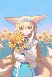 1girl animal_ear_fluff animal_ears arknights blonde_hair blue_hairband blue_skirt blue_sky blurry blurry_background cardigan closed_mouth colored_tips commentary cowboy_shot cross-laced_clothes cross-laced_skirt day depth_of_field dhsl field flower flower_field fox_ears fox_girl fox_tail frilled_hairband frills green_eyes hair_between_eyes hair_down hairband high-waist_skirt highres holding holding_flower kitsune kyuubi long_hair long_sleeves looking_at_viewer multicolored_hair multiple_tails neck_ribbon official_alternate_costume open_cardigan open_clothes outdoors puffy_long_sleeves puffy_sleeves red_ribbon ribbon skirt sky smile solo split_mouth standing straight-on sunflower sunflower_field suzuran_(arknights) suzuran_(spring_praise)_(arknights) tail two-tone_hair white_cardigan white_hair yellow_cardigan yellow_flower