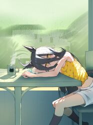 1girl absurdres ahoge animal_ears bare_shoulders black_hair black_socks blush camisole closed_mouth cup dev_grater dot_mouth hair_between_eyes highres horse_ears horse_girl horse_tail indoors long_hair long_hair_between_eyes looking_at_viewer manhattan_cafe_(umamusume) midriff mug multicolored_hair rain shorts sitting socks solo streaked_hair table tail umamusume white_hair white_shorts window yellow_camisole yellow_eyes