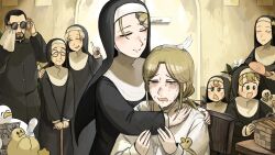 1boy 6+girls :d beard bird black_hair blonde_hair blue_eyes chicken closed_eyes clumsy_nun_(diva) commentary crying diva_(hyxpk) duck english_commentary facial_hair father_(diva) feathers froggy_nun_(diva) glasses grey_hair highres hug la_chancla little_nuns_(diva) mole mole_on_cheek mole_under_mouth mother_and_daughter mother_superior_(diva) multiple_girls nun open_mouth round_eyewear shirt slippers smile smug_nun_(diva) star_nun_(diva) star_ornament strict_nun&#039;s_mother_(diva) strict_nun_(diva) sunglasses tears traditional_nun triangle_mouth white_shirt wiping_tears