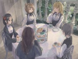 Rule 34 | 5girls, absurdres, ange (princess principal), beatrice (princess principal), black bow, black eyes, black hair, blonde hair, bow, brown eyes, brown hair, chair, cup, cupcake, dorothy (princess principal), double bun, closed eyes, flower, food, hair bun, hair flower, hair ornament, highres, kinakojojo, laughing, long hair, long sleeves, multiple girls, plate, princess (princess principal), princess principal, railing, school uniform, short hair, sitting, sweets, table, tea, teacup, tiered tray, toudou chise