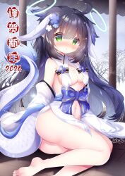 1girl 2024 black_hair breasts dragon_girl green_eyes halo hamiyamiko long_hair medium_breasts multiple_halos navel nengajou new_year original revealing_clothes solo thighs