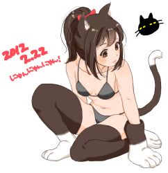 1girl 2012 animal_ears animal_hands bad_drawr_id bad_id bare_arms bikini black_thighhighs blush bow breasts brown_eyes brown_hair cat_ears cat_tail character_request closed_mouth copyright_request dated full_body gloves grey_bikini hair_bow medium_breasts navel oekaki paw_gloves paw_shoes pego_(peco_peco) ponytail red_bow simple_background sitting solo swimsuit tail tail_raised thighhighs white_background