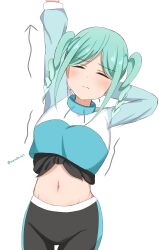 1girl 3: absurdres arrow_(symbol) black_pants black_shirt blue_sweater blush braid braided_twintails closed_eyes closed_mouth commentary_request cowboy_shot cropped_sweater facing_viewer frown highres long_sleeves love_live! love_live!_superstar!! matcha_moti_(matcha_427) medium_hair midriff navel onitsuka_tomari pants parted_bangs shirt sidelocks simple_background solo standing stretching sweater tied_shirt twin_braids white_background