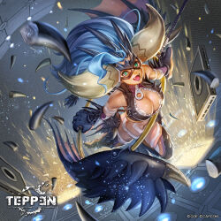 1girl alternate_costume blue_hair breasts cat_girl cleavage cleavage_cutout clothing_cutout cosplay crossover darkstalkers destruction fangs felicia_(darkstalkers) green_eyes highres horns long_hair mask medium_breasts monster_girl monster_hunter_(series) nergigante nergigante_(cosplay) official_alternate_costume official_art open_clothes open_mouth revealing_clothes slit_pupils smile suetomi_masanao teppen tongue wings zipper_pull_tab