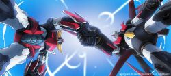 Rule 34 | copyright name, grendizer, grendizer (grendizer u), grendizer u, handshake, horns, huge horns, mazinger (series), mazinger x, mazinger z (mecha), mecha, mecha focus, mechanical wings, no humans, official art, pilder, robot, science fiction, standing, super robot, taiga hiroyuki, ufo robo grendizer, wings, yellow eyes