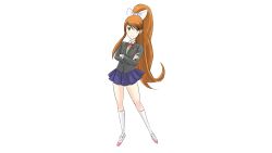 1girl arms_under_breasts asymmetrical_sidelocks black_jacket blazer blue_skirt blush bow breasts brown_hair collared_shirt commentary concept_art contrapposto crossed_arms doki_doki_literature_club doki_doki_literature_club_plus doki_doki_literature_club_school_uniform dot_nose dress_shirt english_commentary floating_hair full_body game_cg green_eyes hand_on_own_arm high_ponytail highres horoko jacket kneehighs large_bow long_hair long_sidelocks long_sleeves looking_to_the_side medium_breasts miniskirt monika_(doki_doki_literature_club) non-web_source official_art pleated_skirt ponytail production_art school_uniform shirt shoes sidelocks simple_background sketch skirt smile socks solo sparkling_eyes standing sweater_vest swept_bangs thick_eyelashes thighs very_long_hair white_background white_bow white_shirt white_shoes white_socks yellow_sweater_vest