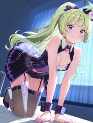 1girl absurdres ahoge all_fours alternate_hairstyle bare_shoulders blunt_bangs blurry blurry_background bow breasts cleavage collarbone curtains dress from_below garter_straps green_hair grey_thighhighs hair_bow hat high_heels highres idolmaster idolmaster_million_live! idolmaster_million_live!_theater_days indoors long_hair looking_at_viewer medium_breasts midriff_peek miniskirt nail_polish nurse_cap on_bed parted_lips ponytail print_dress purple_bow purple_dress purple_nails purple_shorts purple_wrist_cuffs shadow shimabara_elena short_shorts shorts shorts_under_dress skirt sleeveless sleeveless_dress smile solo splatter_print thighhighs what_is_dap wrist_cuffs