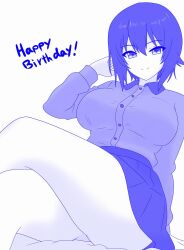 1girl adjusting_hair black_skirt blue_theme breasts buttons collarbone contrast_collar crossed_legs dress_shirt girls_und_panzer grey_shirt happy_birthday kuromorimine_school_uniform large_breasts light_smile long_sleeves looking_at_viewer miniskirt monochrome nishizumi_maho pleated_skirt school_uniform shira14 shirt short_hair sitting skirt smile solo wing_collar