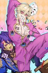2boys absurdres ace_(playing_card) ace_of_clubs ace_of_diamonds ace_of_hearts ace_of_spades arm_up aventurine_(honkai:_star_rail) blonde_hair blue_footwear card club_(shape) commentary cosplay diamond_(shape) dice dr._ratio_(honkai:_star_rail) dr._ratio_(honkai:_star_rail)_(cosplay) giorno_giovanna giorno_giovanna_(cosplay) gold_experience heart highres hirosenpai holding holding_card honkai:_star_rail honkai_(series) jacket jojo_no_kimyou_na_bouken multiple_boys pants playing_card purple_hair purple_jacket purple_pants shoes spade_(shape) sunglasses vento_aureo