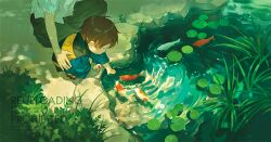 1boy 1other black_pants blue_kimono bush canvas_texture character_request child copyright_request creature eyeball faux_traditional_media fish from_above geta grass head_out_of_frame japanese_clothes kimono koi lily_pad looking_at_animal nature on_one_knee outdoors painterly pants pofu31 pond reaching reflection reflective_water ripples rock shade shirt short_sleeves small_pupils squatting striped_clothes striped_shirt vertical-striped_clothes vertical-striped_shirt water yukata