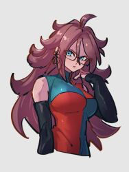 Rule 34 | 1girl, android 21, black sleeves, blue eyes, breasts, brown hair, checkered clothes, checkered dress, detached sleeves, dragon ball, dragon ball fighterz, dress, earrings, grey background, hair between eyes, hoop earrings, jewelry, kemachiku, long hair, looking at viewer, medium breasts, red hair, simple background, solo