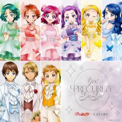 3boys 6+girls akimoto_komachi artist_collaboration bare_shoulders blonde_hair blue_eyes blue_hair bouquet brown_hair bug butterfly butterfly_hair_ornament butterfly_wings choker coco_(yes!_precure_5) double_bun dress earrings flower flower_earrings frilled_dress frilled_shirt_collar frilled_skirt frilled_sleeves frilled_wristband frills gloves green_eyes green_hair gyaru_v hair_bun hair_ornament half_up_bun headband highres holding holding_bouquet holding_flower insect insect_wings jewelry kasugano_urara_(yes!_precure_5) long_hair looking_at_viewer medium_hair milk_(yes!_precure_5) mimino_kurumi minazuki_karen multiple_boys multiple_girls natsuki_rin nuts_(yes!_precure_5) official_art one_eye_closed open_mouth orange_eyes orange_hair pants parted_bangs pink_eyes pink_hair precure puffy_dress puffy_short_sleeves puffy_sleeves purple_eyes purple_hair ribbon_choker ribbon_trim see-through_clothes see-through_dress see-through_sleeves short_hair short_sleeves skirt sleeveless swept_bangs syrup_(yes!_precure_5) tuxedo tuxedo_jacket twintails upper_body v vest white_gloves wings wristband yes!_precure_5 yes!_precure_5_gogo! yumehara_nozomi