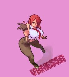 Rule 34 | 1girl, ass, bend, bent over, breasts, female focus, formal clothes, gloves, hairyscarecrow, heart, large breasts, leather, looking at viewer, one eye closed, pale skin, pants, red eyes, red hair, shirt, shoes, short hair, suspenders, the king of fighters, thick thighs, thighs, vanessa (kof), white shirt, wide hips, wink