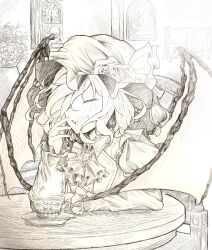 1girl absurdres ascot bat_wings blush chair clock closed_eyes collar covering_own_mouth cup fangs flower flower_pot grandfather_clock greyscale hand_over_own_mouth hat hat_flower highres juliet_sleeves long_sleeves medium_hair mob_cap monochrome on_chair painting_(object) puffy_sleeves rea060606 remilia_scarlet rose round_table saucer shirt smile solo table teacup teaspoon touhou traditional_media wings
