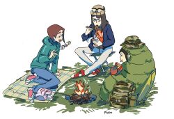 3girls artist_name asakusa_midori bag_of_chips beanie boonie_hat brown_hair camouflage_hat campfire chips_(food) chopsticks cup_ramen eizouken_ni_wa_te_wo_dasu_na! eyewear_on_head findoworld food freckles glasses hashtag-only_commentary hat highres holding holding_chopsticks holding_stick kanamori_sayaka long_hair marshmallow mizusaki_tsubame multiple_girls potato_chips roasted_marshmallow short_hair simple_background sketch skewer sleeping_bag stick white_background