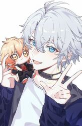 Rule 34 | &gt;:(, 1boy, alternate costume, antenna hair, black choker, blue eyes, blue jacket, character doll, choker, commentary, doll, highres, holding, holding doll, honkai: star rail, honkai (series), jacket, jxunnnno, looking at viewer, male focus, mydei (honkai: star rail), neck tattoo, open clothes, open jacket, parted bangs, phainon (honkai: star rail), shirt, short hair, simple background, solo, sun symbol, sun tattoo, symbol-shaped pupils, tan, tattoo, upper body, v-shaped eyebrows, w, white background, white hair, white shirt