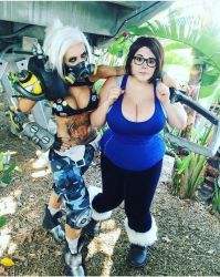 2girls arm_around_shoulder armor bikini bikini_top_only boots breasts brown_hair cleavage cosplay fur_trim gas_mask genderswap genderswap_(mtf) glasses grapnel hair_ornament hook huge_breasts knee_pads large_breasts mask mei_(overwatch) midriff multiple_girls overwatch overwatch_1 photo_(medium) plump ponytail roadhog_(overwatch) shoulder_pads swimsuit tank_top tattoo white_hair wide_hips yellow_eyes