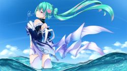 1girl backless_outfit bow cosplay dated detached_sleeves finana_ryugu fins fish_girl floating_hair flower genshin_impact hair_bow hair_flower hair_ornament head_fins highres long_hair nijisanji nijisanji_en ocean pink_flower purple_eyes sangonomiya_kokomi sangonomiya_kokomi_(cosplay) smile solo syxh thighhighs virtual_youtuber water