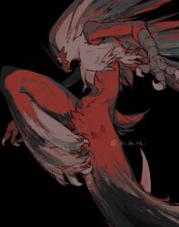 black_background blaziken claws creatures_(company) game_freak gen_3_pokemon high_kick highres kicking nintendo no_humans piyomotsu pokemon pokemon_(creature) signature simple_background solo twitter_username