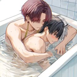 2boys bath bathing bathtub black_eyes black_hair earrings grey_hair hair_over_one_eye hyohls2_(hamao3o) jewelry male_focus multicolored_hair multiple_boys nude red_eyes red_hair revision sakura_haruka_(wind_breaker) same-sex_bathing shared_bathing short_hair suo_hayato topless_male two-tone_hair water white_hair wind_breaker_(nii_satoru) yaoi