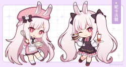 Rule 34 | 1girl, :q, ;), animal ears, apron, beret, black apron, black bow, black socks, blush, border, bow, bowl, brown shoes, cake, cake slice, chibi, closed mouth, collared shirt, commentary request, cup, dress, drinking glass, ears through headwear, food, frilled apron, frilled skirt, frills, grey hair, grid background, hair bow, hat, hitsuki rei, holding, holding bowl, holding plate, indie virtual youtuber, juliet sleeves, long hair, long sleeves, multiple views, nica wolper, one eye closed, pink border, pink dress, pink hat, pink skirt, plaid clothes, plaid dress, plaid hat, plaid skirt, plate, puffy long sleeves, puffy sleeves, rabbit ears, red eyes, shirt, shoes, skirt, smile, socks, tongue, tongue out, translation request, twintails, very long hair, virtual youtuber, whisk, white apron, white background, white shirt, white socks