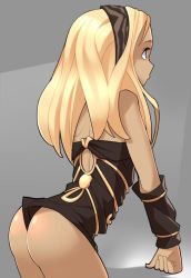1girl arm_support ass black_scarf blonde_hair breasts commentary cowboy_shot dark-skinned_female dark_skin english_commentary female_focus forehead from_behind gravity_daze grey_background hairband kitten_(gravity_daze) leotard long_hair looking_to_the_side medium_breasts nickleflick scarf sidelocks simple_background solo strapless vambraces
