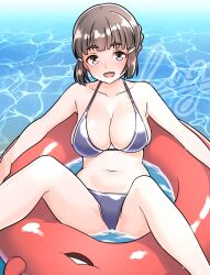 Rule 34 | 1girl, abyssal ship, bikini, black hair, blush, breasts, brown eyes, brown hair, collarbone, enemy lifebuoy (kancolle), furaggu (frag 0416), groin, hair between eyes, hair bun, hair ornament, hairclip, highres, innertube, kantai collection, legs, long hair, looking at viewer, marine day, myoukou (kancolle), myoukou kai ni (kancolle), navel, ocean, open mouth, purple bikini, revision, sidelocks, smile, swim ring, swimsuit, thighs, water