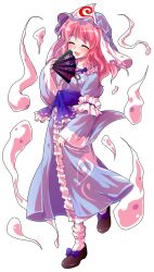 1girl alphes_(style) commentary_request dairi dress full_body ghost hand_fan hat highres parody pink_eyes pink_hair saigyouji_yuyuko short_hair smile solo style_parody tachi-e touhou transparent_background triangular_headpiece wide_sleeves
