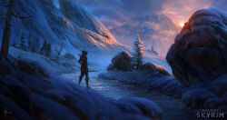 1girl bow_(weapon) cloud cloudy_sky copyright_name dovahkiin frozen highres holding holding_bow_(weapon) holding_weapon hood hood_up ice landscape michal_kus mountain outdoors painterly pine_tree quiver river rock scenery signature sky snow standing sunset the_elder_scrolls the_elder_scrolls_v:_skyrim tree weapon wide_shot
