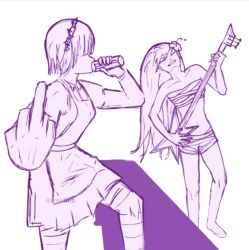 2girls apron drinking electric_guitar energy_drink flower guitar hibiscus highres instrument leg_up long_hair lracfilib maid maid_apron maid_headdress middle_finger multiple_girls non-web_source original sarashi sewerslvt short_hair yakui