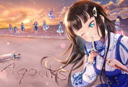 Rule 34 | 6+girls, :d, :o, ;d, absurdres, ahoge, aqua eyes, beach, black hair, blonde hair, blue dress, blue eyes, blue hair, blunt bangs, bottle, breasts, brown hair, closed eyes, cloud, commentary request, cowboy shot, dress, dutch angle, everyone, finger to mouth, frilled shirt collar, frills, grey hair, hair rings, high ponytail, highres, iroenpitsu xxx, jumping, kunikida hanamaru, kurosawa dia, kurosawa ruby, large breasts, long hair, love live!, love live! sunshine!!, matsuura kanan, medium breasts, medium hair, message in a bottle, multiple girls, official alternate costume, ohara mari, one eye closed, one side up, open mouth, orange hair, outdoors, pinafore dress, ponytail, red hair, sakurauchi riko, sand writing, shushing, sidelocks, single hair ring, sleeveless, sleeveless dress, smile, sunset, takami chika, tsushima yoshiko, two side up, watanabe you, yellow eyes