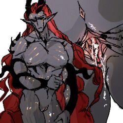 1boy 1cuntboy abs afk_(series) afk_journey anus ass bara black_markings black_nails black_sclera body_markings clitoris closed_mouth colored_sclera colored_skin cuntboy cuntboy_only demon demon_boy demon_horns from_below grey_skin hand_on_side horns large_pectorals legs_together long_hair male_focus multiple_ponytails multiple_views muscular muscular_male nail_polish nipples pectorals phraesto_(afk) pixel_art pointy_ears ponytail pussy pussy_juice red_hair spread_pussy spreading_own_pussy standing yellow_eyes