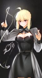 1girl :&gt; absurdres ahoge alternate_costume artoria_pendragon_(fate) black_background black_dress blonde_hair blue_eyes breasts breasts_apart commentary dress fate/grand_order fate_(series) green_eyes grey_shrug hands_up highres holding holding_wand kamisato_sora medium_breasts saber_(fate) shrug_(clothing) simple_background smile solo symbol-only_commentary wand