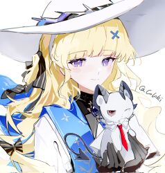Rule 34 | 1girl, animalization, artist name, black gloves, black horns, black tail, blonde hair, blue sash, chinese commentary, closed mouth, coloki, commentary request, corrupted twitter file, curled horns, gloves, hair ornament, hat, highres, horns, long hair, looking at animal, one eye closed, phoebe (wuthering waves), purple eyes, sash, shirt, smile, upper body, white background, white hat, white shirt, wuthering waves, x hair ornament, zani (wuthering waves)