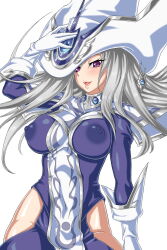 1girl bare_hips blue_dress breasts covered_erect_nipples dress duel_monster gloves grey_hair hat highres hip_vent kattiy1009 large_breasts long_hair purple_eyes silent_magician simple_background smile tabard white_background white_gloves white_hat white_tabard wizard_hat yu-gi-oh!