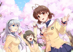 Rule 34 | 3girls, :d, antenna hair, arms behind head, arms up, badge, black hairband, blue eyes, blue skirt, blurry, blush, brown eyes, brown hair, cherry blossoms, clannad, commentary request, cowboy shot, day, depth of field, dutch angle, eyelashes, facing viewer, falling petals, furukawa nagisa, grey hair, hair between eyes, hair ornament, hairband, hairclip, hanami, hand up, happy, highres, hikarizaka private high school uniform, ibuki fuuko, jacket, long hair, long sleeves, looking at viewer, low-tied long hair, miniskirt, misaki juri, multiple girls, open mouth, outdoors, petals, pleated skirt, round teeth, sailor collar, sakagami tomoyo, school uniform, short hair, skirt, smile, teeth, tree, upper body, upper teeth only, white sailor collar, yellow jacket