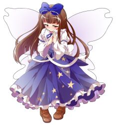 1girl blue_dress blue_ribbon blunt_ends blush brown_eyes brown_hair brown_shoes closed_mouth commentary_request dairi dress fairy fairy_wings frown full_body hair_ribbon juliet_sleeves large_variant_set long_hair long_sleeves neck_ribbon own_hands_together puffy_sleeves ribbon shoes sleeve_garter socks solo standing star_sapphire sweatdrop tachi-e touhou v-shaped_eyebrows variant_set white_socks wide_sleeves wings