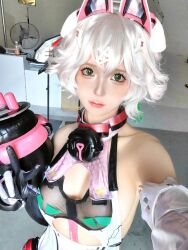 1girl asian bottle breasts chinese_(nationality) chunmomo0127 cleavage closed_mouth cosplay cosplay_photo cosplay_request fan female_focus green_eyes halterneck highres indoors looking_at_viewer medium_breasts pasties photo_(medium) real_life see-through_clothes selfie short_hair sideboob solo standing white_hair wig