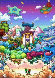 1boy :d absurdres apple arm_up baby baby_mario bone brown_hair bubble bush cloud coconut coconut_tree commentary crescent_moon egg english_commentary fangs floating_island flower food fruit gradient_sky hat heart highres looking_at_viewer mario mario_(series) melon moon moon_with_face muzyoshi nep-enut night night_sky nintendo open_mouth palm_tree panel_de_pon pink_flower plant purple_sky red_headwear scenery shine_sprite short_hair sign sky smile star_(sky) star_(symbol) starry_sky super_happy_tree super_mario_galaxy_2 super_mario_sunshine super_mario_world super_mario_world_2:_yoshi&#039;s_island thick_eyebrows tongue tree v-shaped_eyebrows vines volcano warp_pipe watermelon waving white_flower yellow_flower yoshi yoshi&#039;s_story yoshi_egg