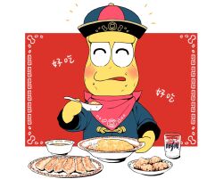 1boy ^_^ alternate_costume bandana bandana_around_neck blue_jacket blush border bowl chinese_clothes chinese_food chinese_spoon chinese_text closed_eyes colored_skin commentary cropped_torso cup drinking_glass dumpling facing_viewer food food_on_face food_request hat highres holding holding_spoon jacket jiaozi long_sleeves male_focus meal meandros mode_aim open_mouth outside_border peanuts-kun plate qingdai_guanmao red_background simple_background solo soup spoon translation_request upper_body utochan_(uptkop) virtual_youtuber white_border yellow_skin