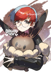 1girl black_jacket blue_hair brown_bag closed_mouth commentary_request dated glasses grey_eyes highres jacket long_sleeves looking_at_viewer multicolored_hair nintendo penny_(pokemon) pokemon pokemon_sv red_hair round_eyewear short_hair solo tareme two-tone_hair uguisu_ann upper_body