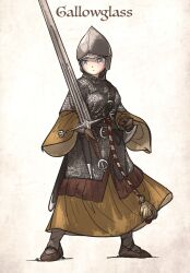 1girl armor aventail bascinet blue_eyes blush brown_dress brown_shoes chainmail closed_mouth commentary dagger dress english_commentary full_body gloves grey_socks hauberk highres holding holding_sword holding_weapon ironlily knife leather leather_belt leather_gloves looking_to_the_side original rope_belt scabbard sheath sheathed shoes simple_background socks solo standing sword two-handed_sword weapon white_background wide_sleeves