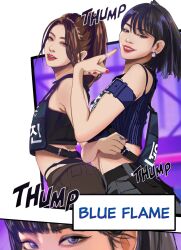2girls arm_belt asian belt black_belt black_hair black_shirt blue_eyes blue_flame_(le_sserafim) blue_hair blue_shirt brown_eyes brown_hair brown_shorts clenched_hand cropped_shirt dancing grey_shorts hair_behind_ear highres huh_yun-jin jewelry k-pop kim_chae-won korean_text le_sserafim looking_at_viewer looking_down multicolored_hair multiple_girls open_mouth parted_lips pointing pointing_at_self ponytail real_life red_nails retsu_(retsudraws) ring shirt short_hair shorts smile song_name streaked_hair