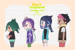 Rule 34 | 2boys, 2girls, :d, antenna hair, black hair, black jacket, braid, brown eyes, brown vest, chibi, chibi only, closed mouth, commentary request, dot (pokemon), from side, green hair, green pants, green shirt, hair ornament, hairclip, headphones, jacket, liko (pokemon), multicolored hair, multiple boys, multiple girls, nintendo, no pupils, open mouth, pants, pokemon, pokemon (anime), pokemon horizons, purple hair, purple jacket, rei hinketsu, roy (pokemon), shirt, short sleeves, smile, sweatdrop, swept bangs, twitter username, two-tone hair, ult (pokemon), vest, watermark