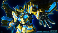 3d character_name commentary_request cropped derivative_work energy english_text glowing gundam gundam_narrative highres machinery marskind mecha mecha_focus mobile_suit reaching reaching_towards_viewer realistic robot science_fiction space unicorn_gundam_phenex upper_body v-fin