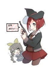 10s 2girls :3 blush_stickers braid brown_eyes chabashira_tenko chibi danganronpa_(series) double-breasted grey_eyes grey_hair gun hair_ribbon handgun hat low_twintails mole mole_under_mouth multiple_girls danganronpa_v3:_killing_harmony red_hair revolver ribbon saru school_uniform short_hair smile translated twintails weapon white_background yumeno_himiko